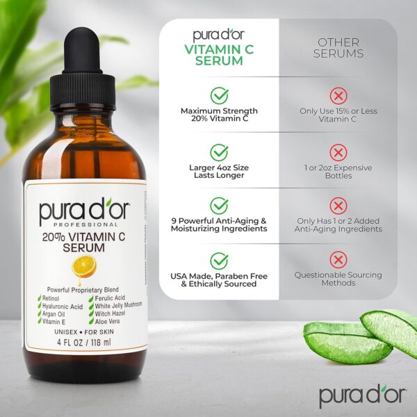 PURA D'OR 20% Vitamin C Serum 4 Oz - Lightweight Maximum Strength Formula - Image 2