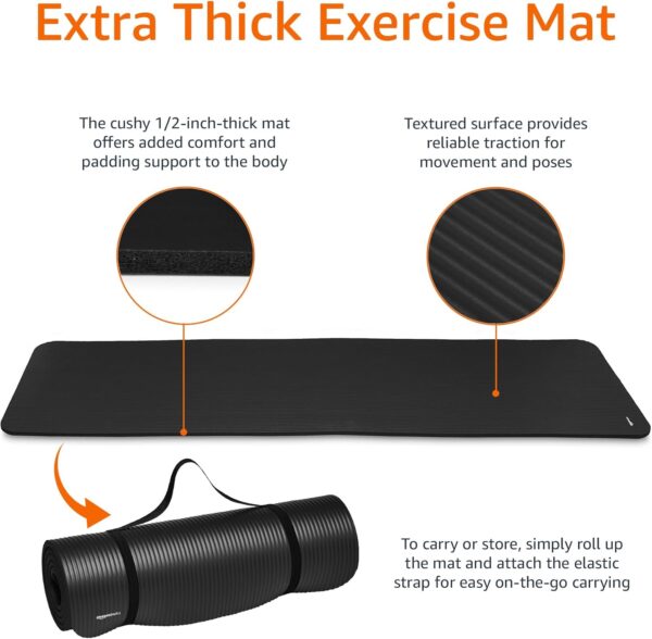 Amazon Basics 1/2 Inch Extra Thick Exercise Yoga Mat with Carrying Strap, Cushioned Support, for Fitness and Gym Workouts - Image 3