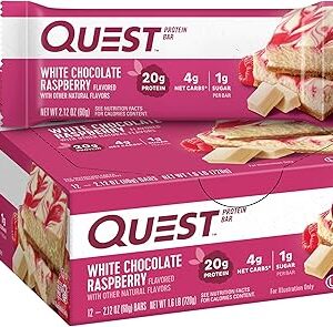 Quest Nutrition White Chocolate Raspberry Protein Bars, 20g Protein, 1g Sugar, 5g Net Carb, Gluten Free, Keto Friendly, 12 Count