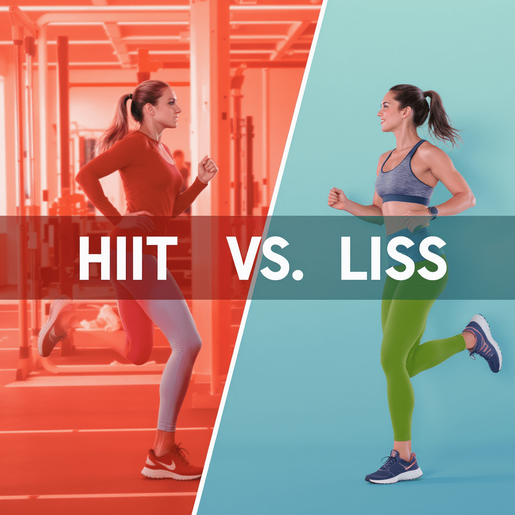 Home workout scene with a woman doing cardio exercises and a water bottle nearby.