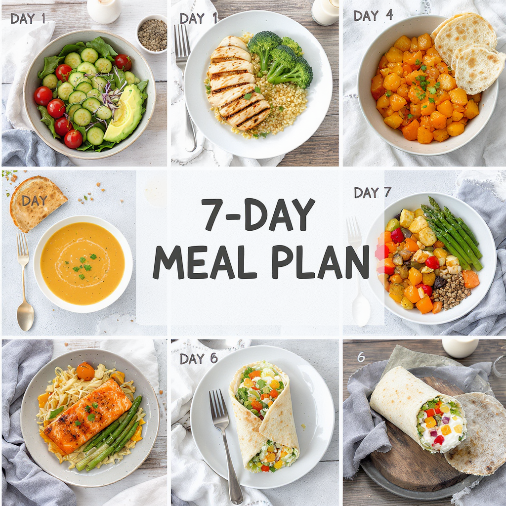 A beautifully arranged meal plan featuring lean proteins, leafy greens, and whole grains