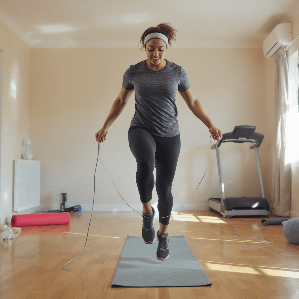 Illustration of a home workout with a woman exercising on a yoga mat