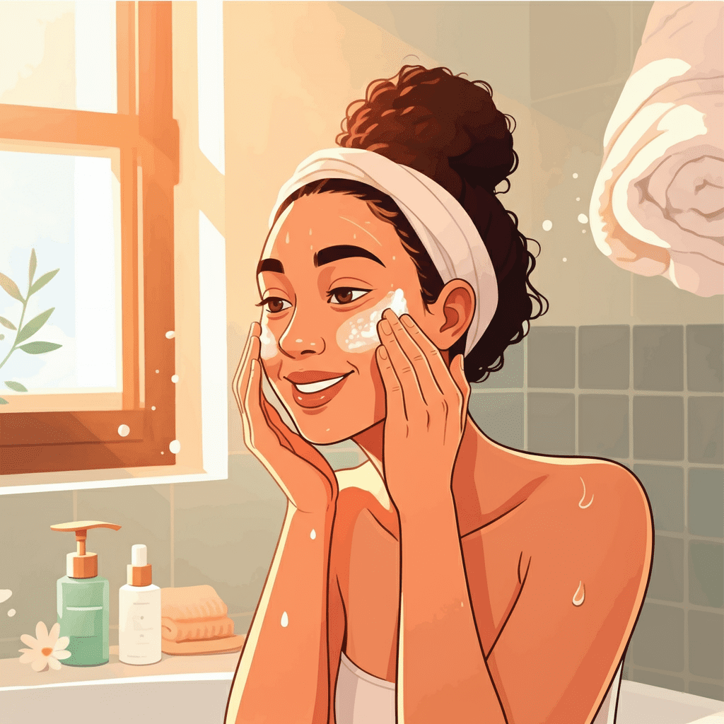 Flat lay of DIY skincare ingredients like honey, oatmeal, and chamomile flowers on a white marble surface, arranged aesthetically