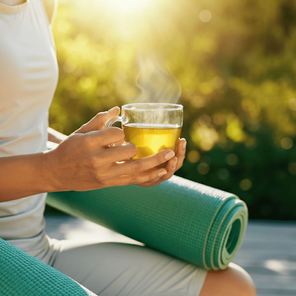 A cozy and inviting cup of green tea with fresh leaves