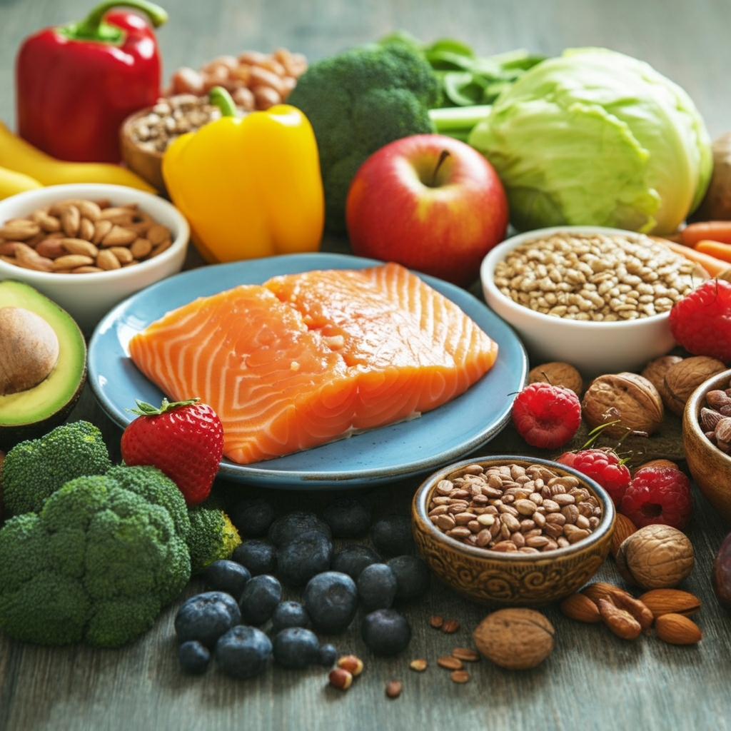 an inviting kitchen setting with heart-healthy food ingredients on display.