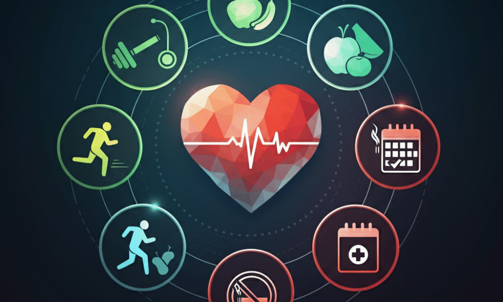 Infographic showcasing steps to prevent cardiac arrest, including exercise, heart-healthy diet, quitting smoking, and regular medical check-ups