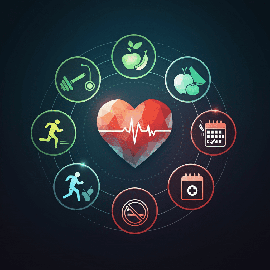 Infographic showcasing steps to prevent cardiac arrest, including exercise, heart-healthy diet, quitting smoking, and regular medical check-ups