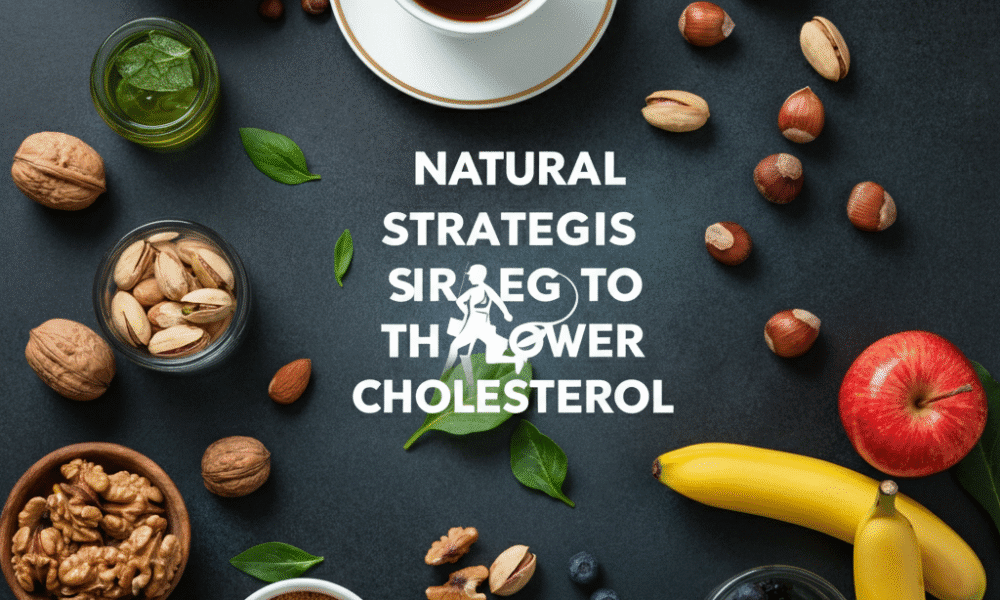 Natural Cholesterol Strategies 1: "Illustration of natural strategies to lower cholesterol, featuring healthy foods like nuts, fruits, and vegetables, along with a heart symbol."