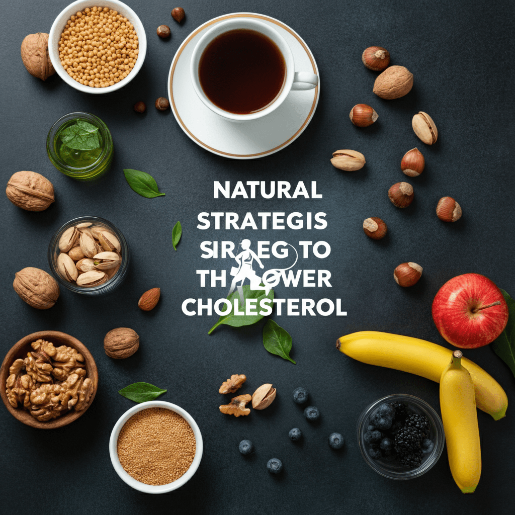 Natural Cholesterol Strategies 1: "Illustration of natural strategies to lower cholesterol, featuring healthy foods like nuts, fruits, and vegetables, along with a heart symbol."