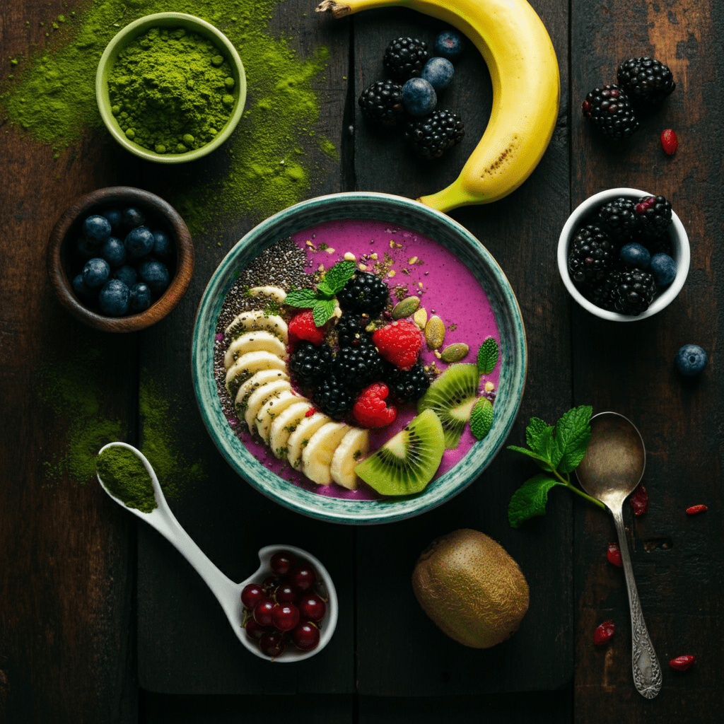 A vibrant display of superfoods like moringa, mushrooms, chia seeds, and a smoothie bowl, symbolizing energy and vitality.