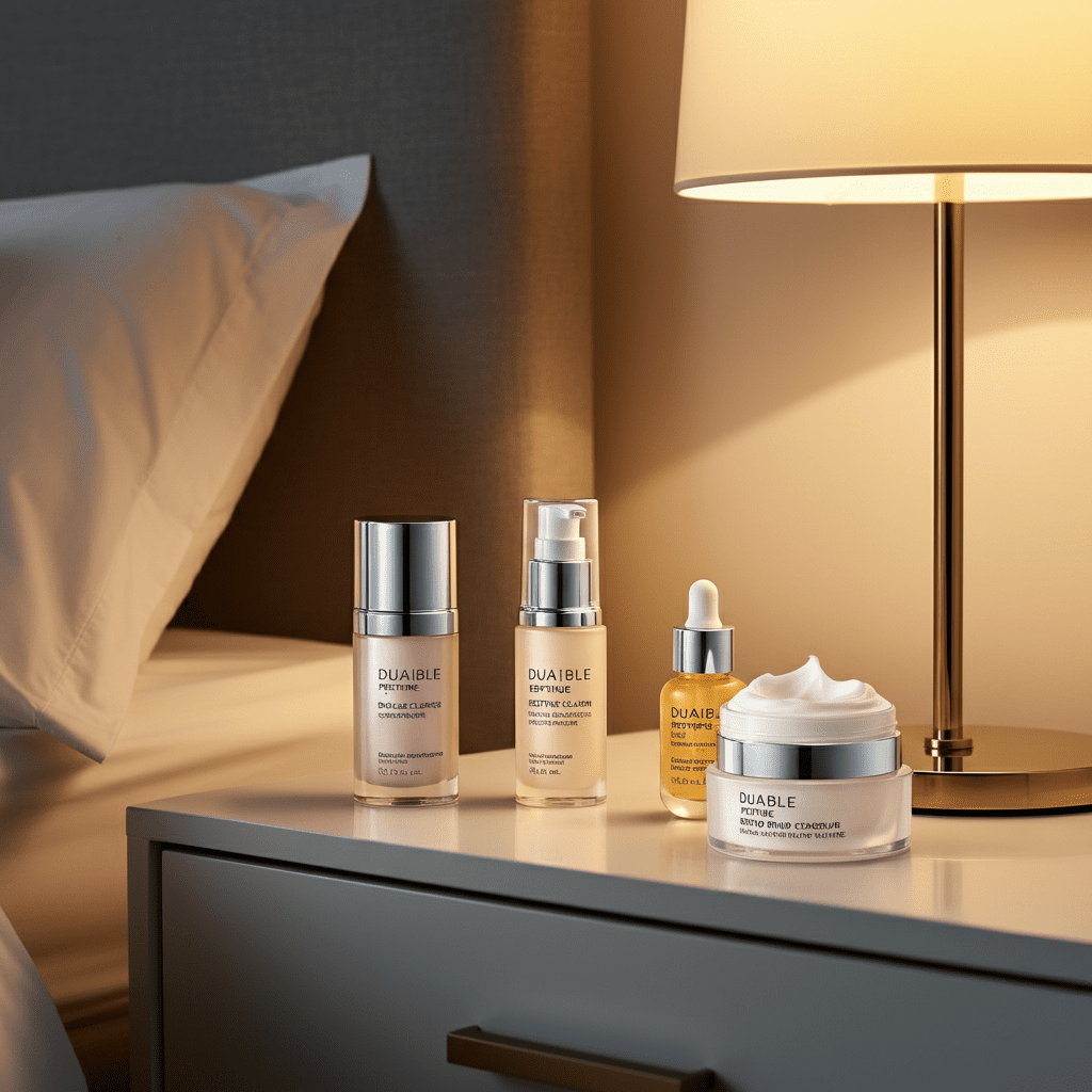 Nighttime skincare products like double cleanser, peptide serum, and rich moisturizer on a cozy bedside table.