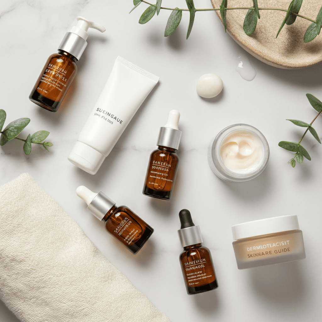 Flat lay of skincare products on a marble background with green leaves and a towel, representing a dermatologist-approved skincare guide