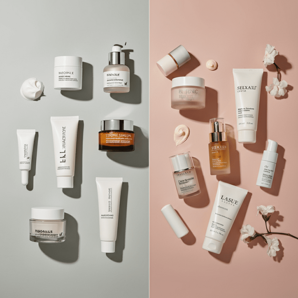 Split-screen comparison of budget-friendly skincare products like CeraVe and luxury items like La Mer.