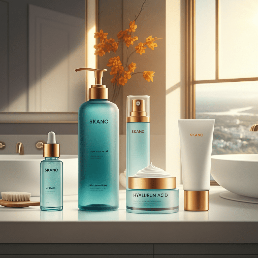 Morning skincare essentials including cleanser, hyaluronic acid serum, niacinamide cream, and sunscreen on a sunlit bathroom counter.