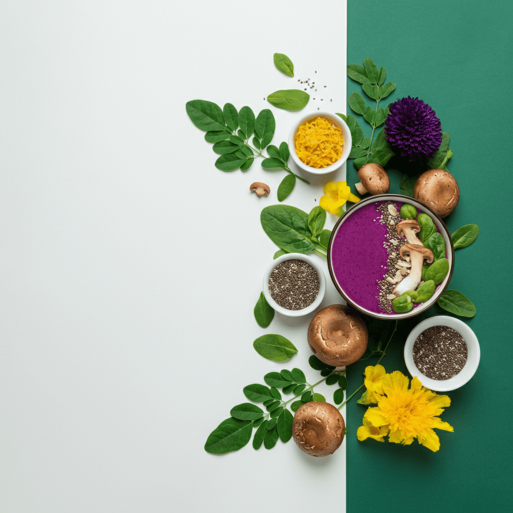 A detailed view of fresh moringa leaves and powder, showcasing their vibrant green color and health benefits