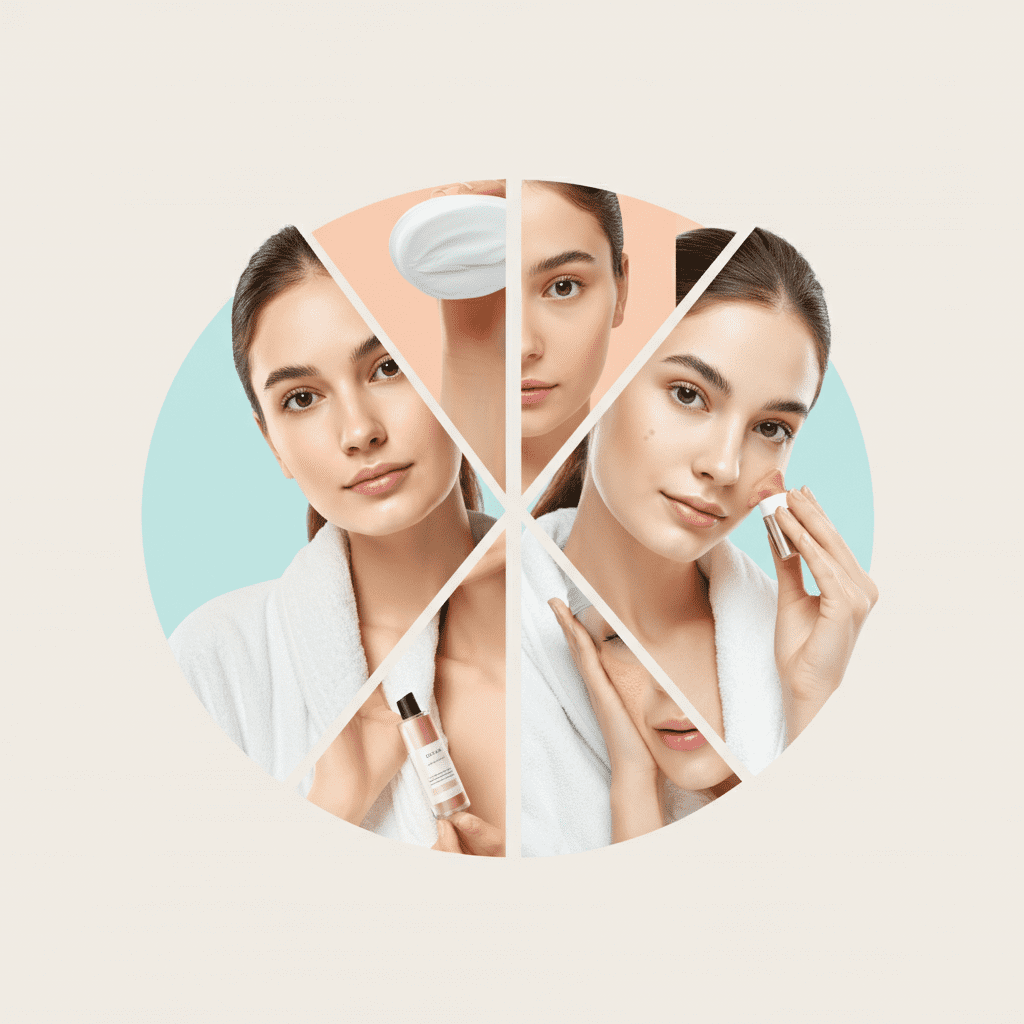 Visuals of a teenage girl, pregnant woman, and mature woman holding skincare products suited to their age group."