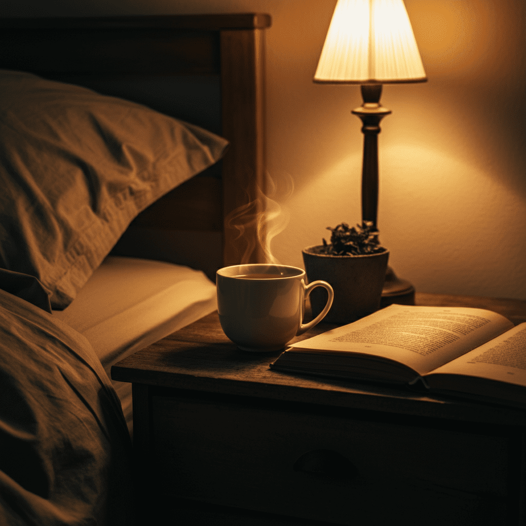 A peaceful evening scene with green tea promoting relaxation