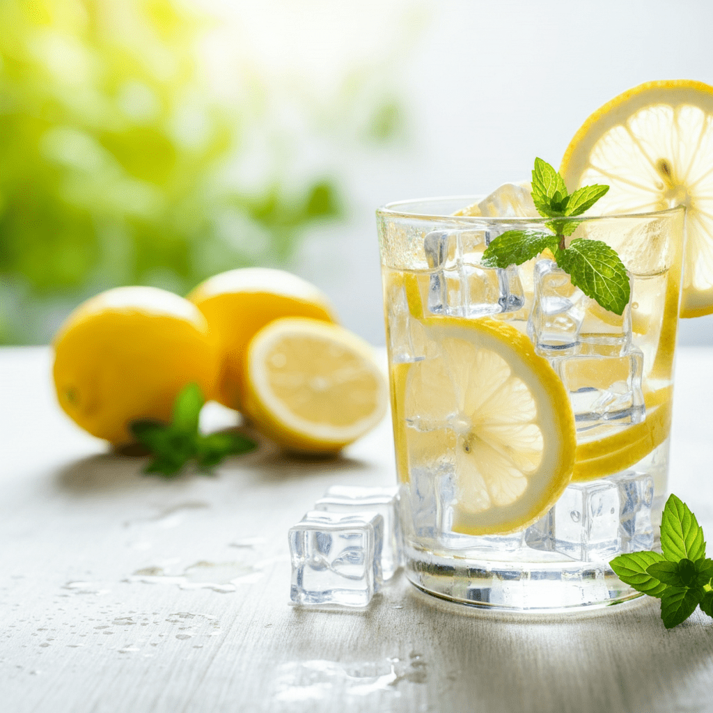 A refreshing glass of lemon water with fresh lemon slices on a wooden table.