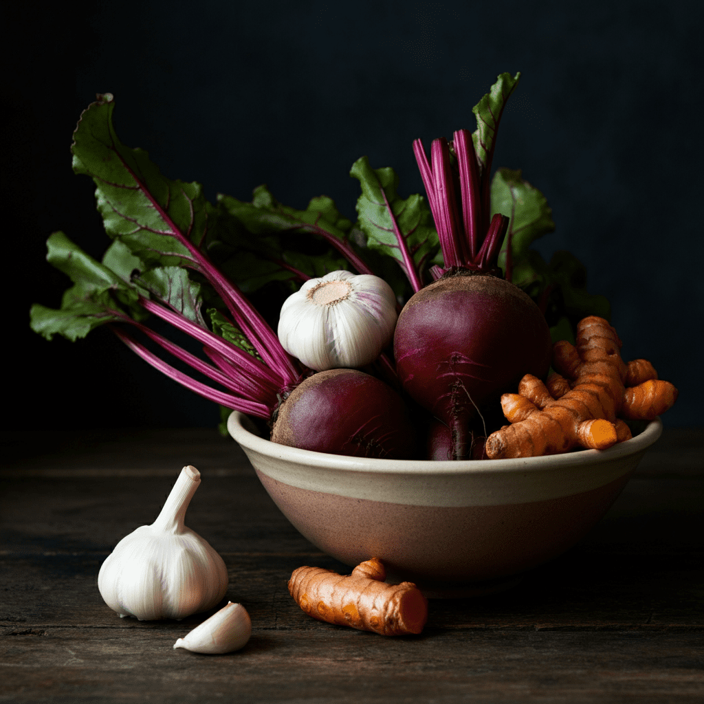 Fresh beets and garlic arranged on a wooden chopping board.
