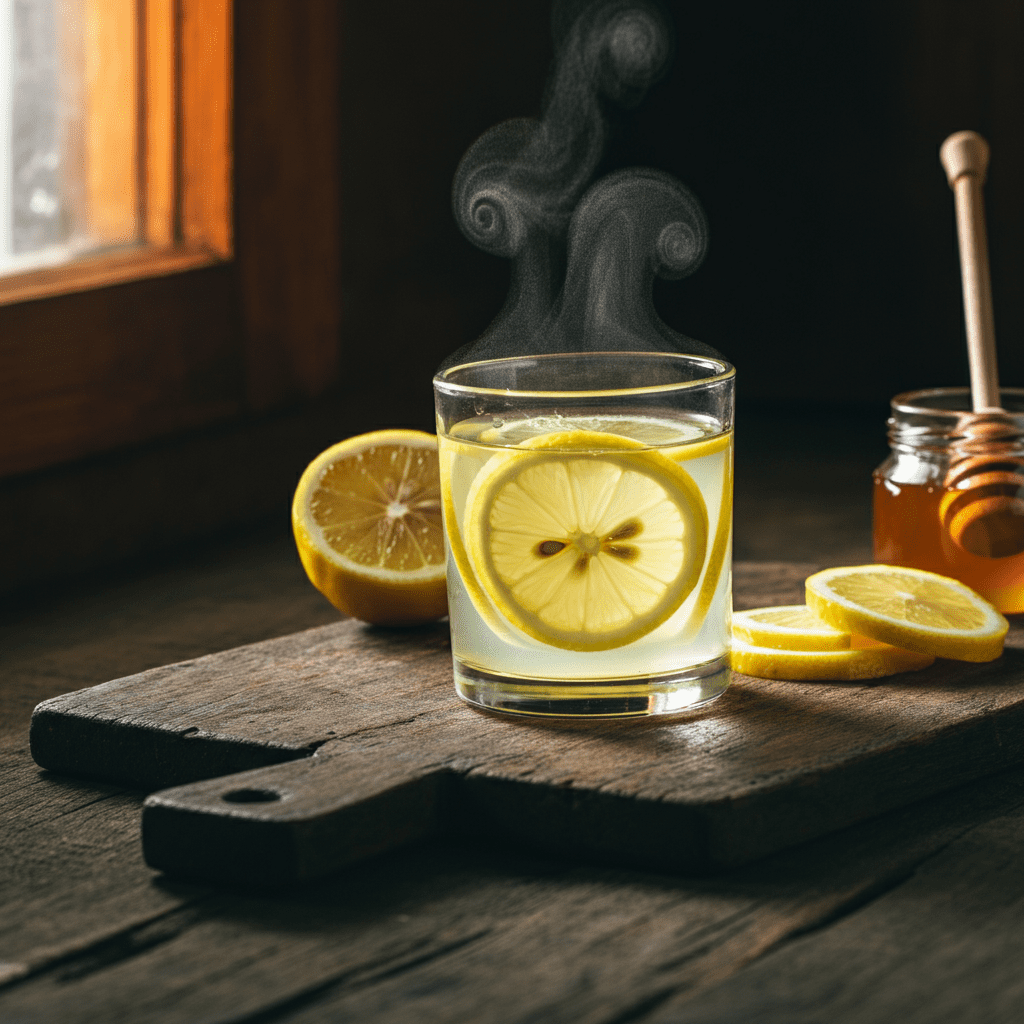 Close-up of a hand squeezing fresh lemon juice into a glass of water.