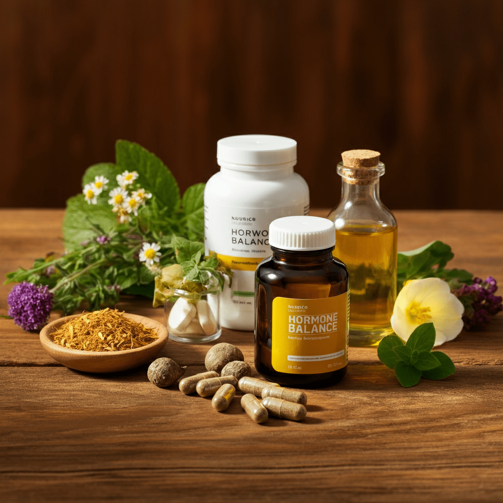 A rustic display of natural supplements like ashwagandha, maca root, and evening primrose oil, surrounded by herbs and capsules."