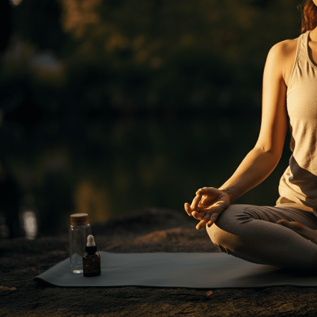 A serene woman practicing yoga outdoors at sunrise, promoting stress relief and hormonal balance