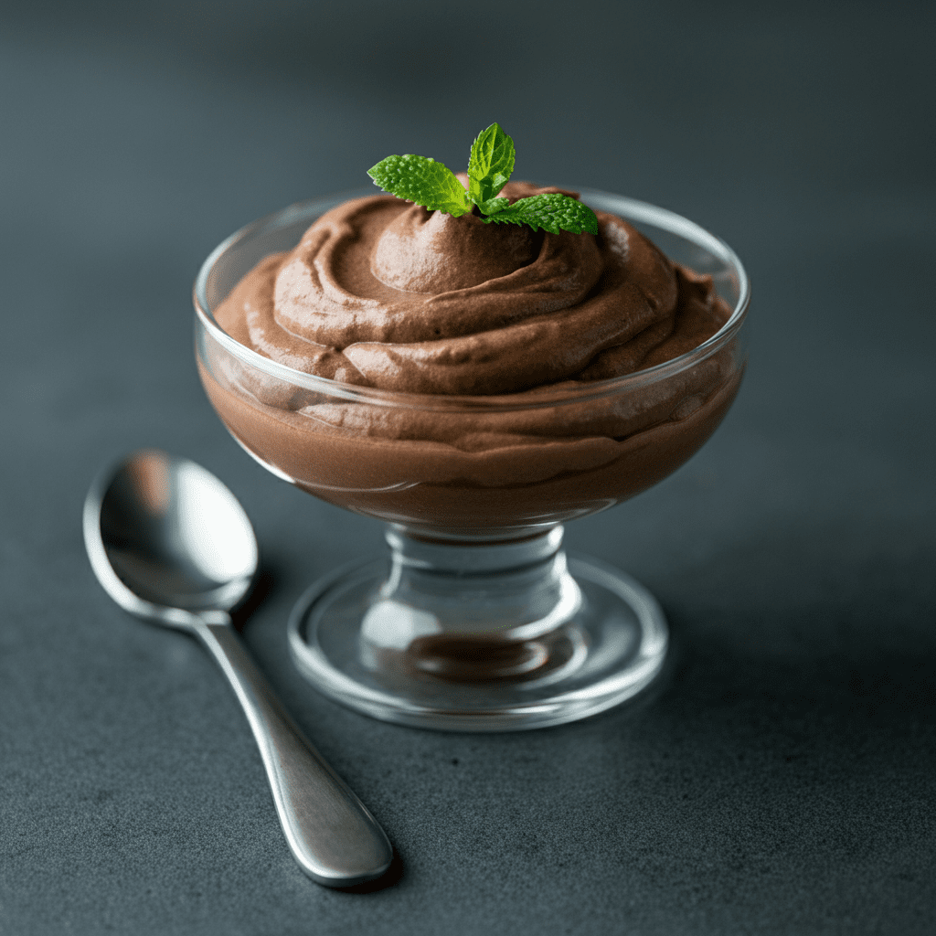 A sugar-free chocolate avocado mousse served in a glass bowl with a spoon