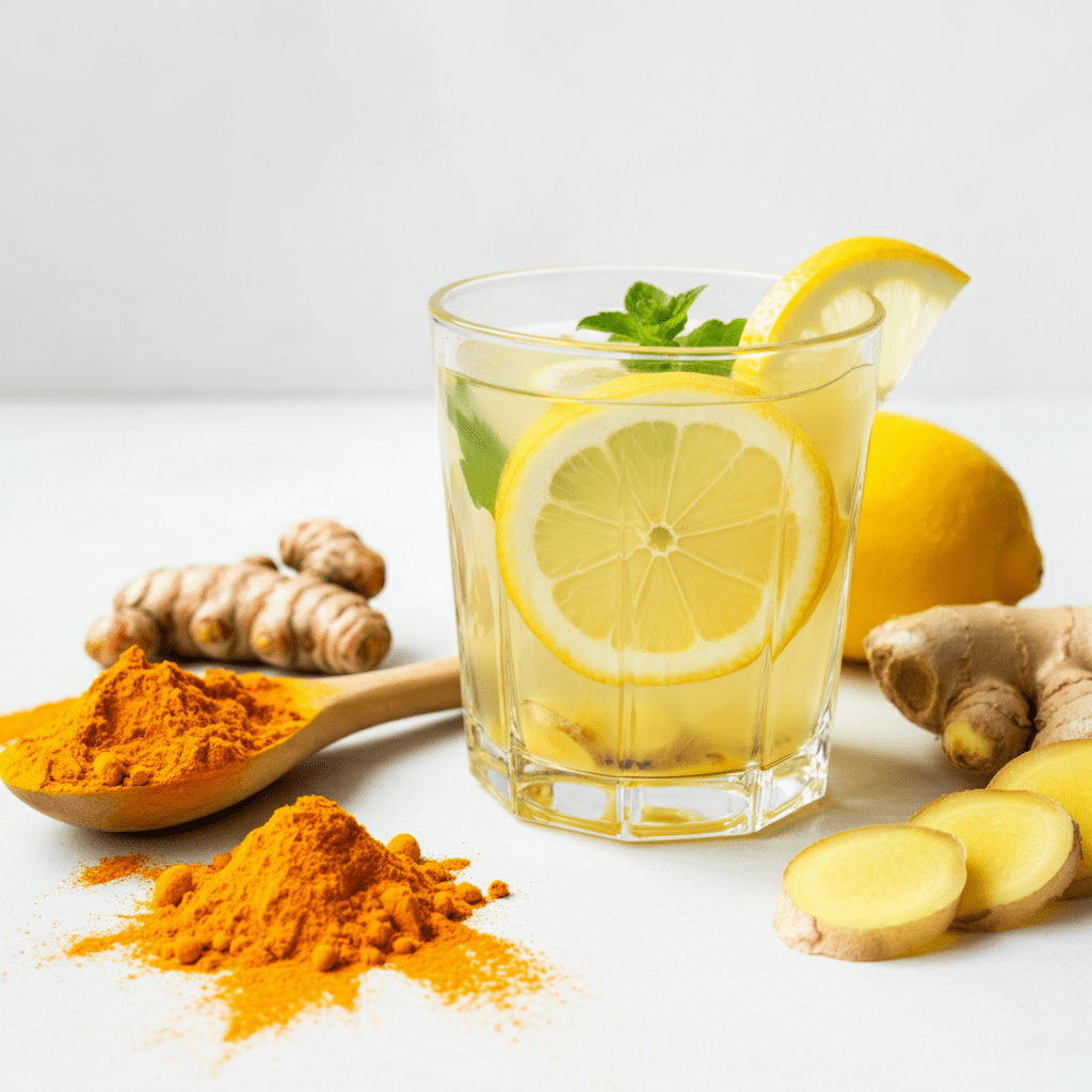A vibrant display of lemons, ginger, and turmeric next to a glass of lemon water.