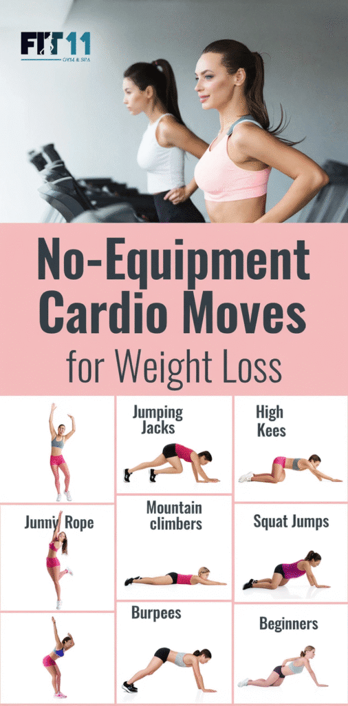 Energetic woman running in place during a cardio session at home.