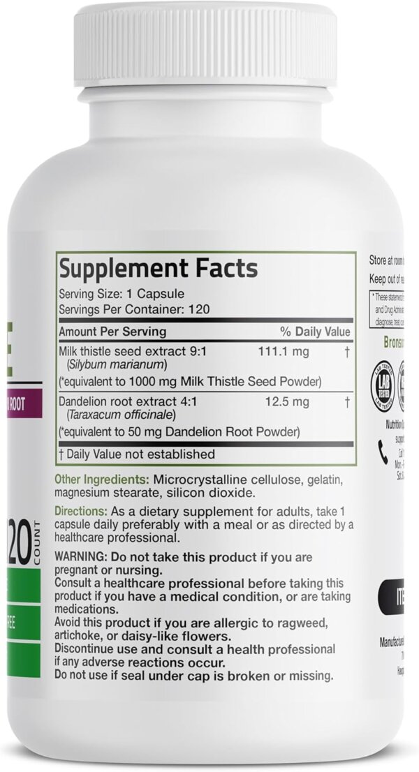 Bronson Milk Thistle Silymarin Marianum & Dandelion Root Liver Health Support, Antioxidant Support, Detox, 120 Capsules - Image 5