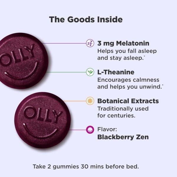 OLLY Sleep Gummy, 3 mg Melatonin, L-Theanine, Chamomile, and Lemon Balm Extracts, Blackberry Flavor, 30 Day Supply - 60 Count - Image 6