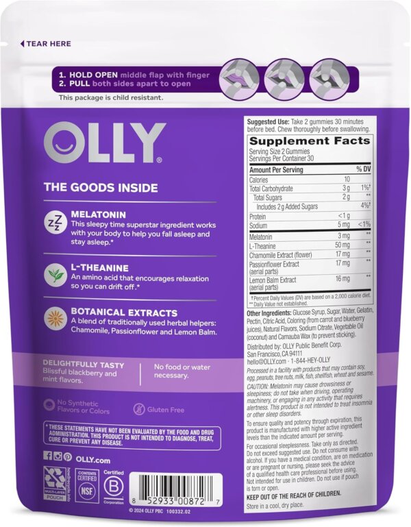 OLLY Sleep Gummy, 3 mg Melatonin, L-Theanine, Chamomile, and Lemon Balm Extracts, Blackberry Flavor, 30 Day Supply - 60 Count - Image 2