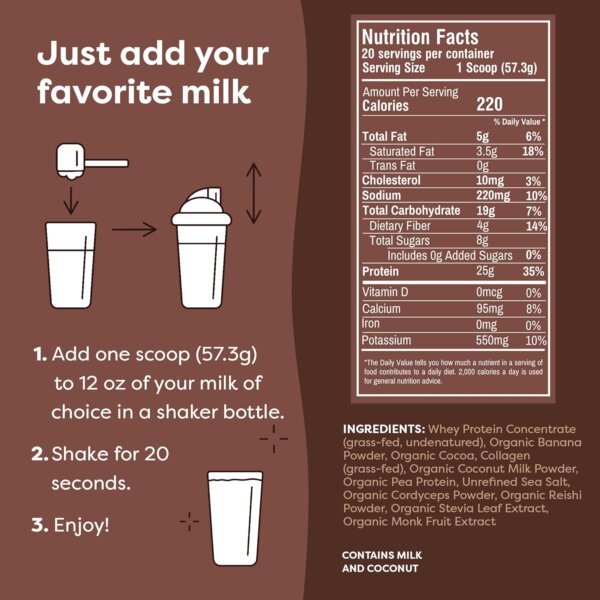 FlavCity Grass Fed Whey Chocolate Protein Powder - 25g Protein & 10g Collagen - Made with Organic Cocoa, Bananas & Coconut Milk - Gluten Free & No Added Sugars (20 Servings) - Image 3