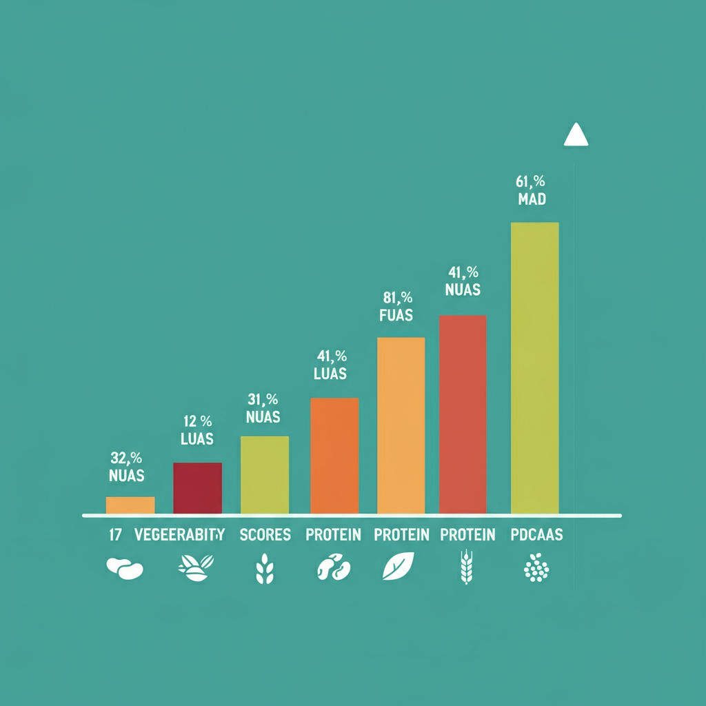 Infographic displaying bioavailability scores of 17 vegetarian protein sources with colorful bar charts