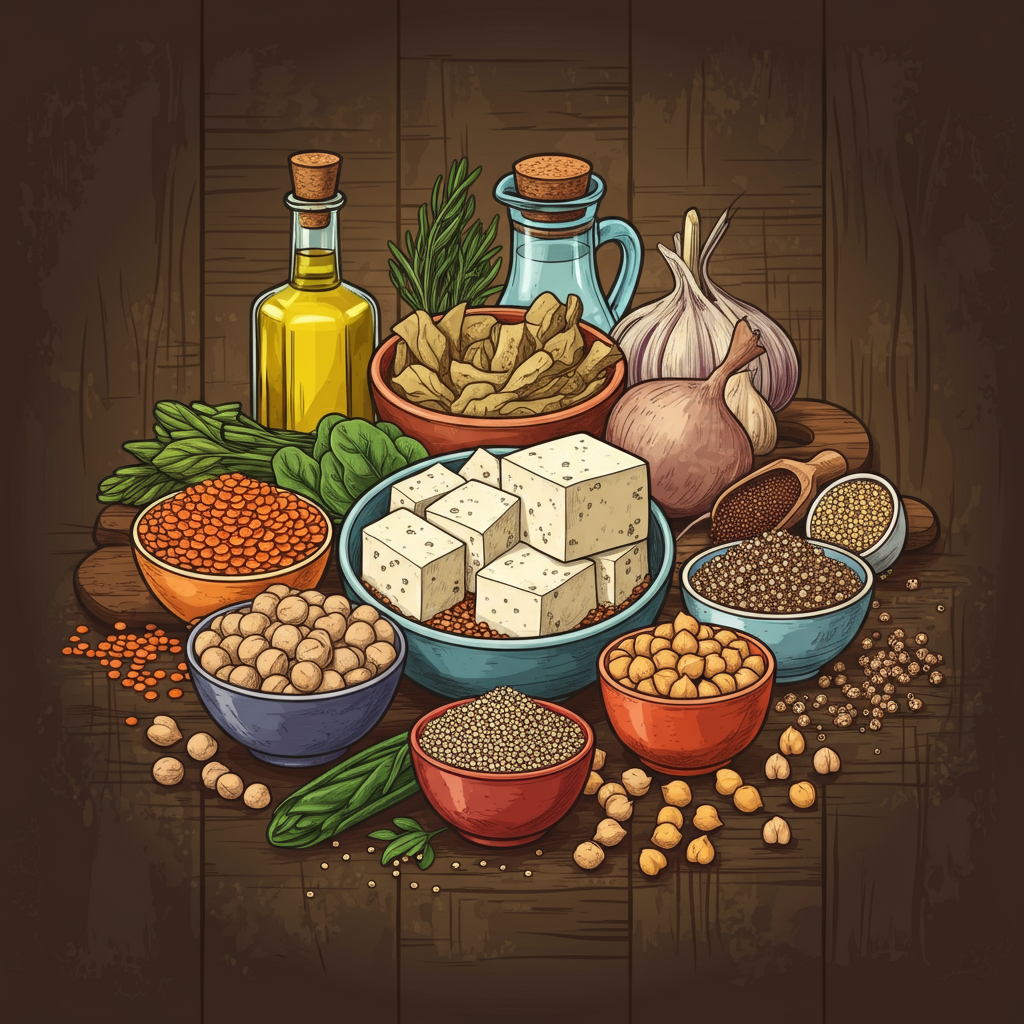 Illustration of vegetarian protein sources like lentils, tofu, quinoa, and chickpeas on a wooden table.